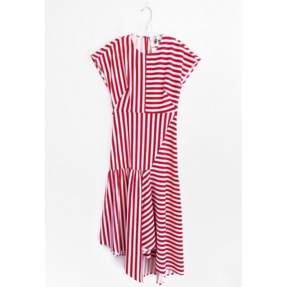 Rachel Comey "Steady" Red & White Asymmetric Cotton Dress - Long/Midi Length